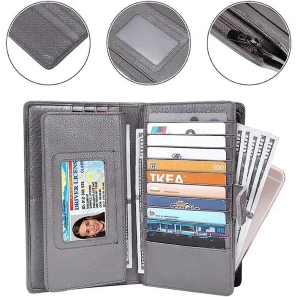 Womens Wallet, Large Capacity Genuine Leather Grey